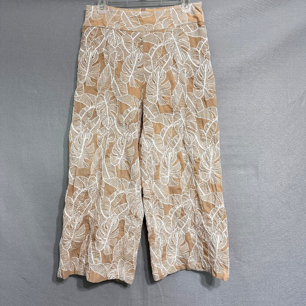 ELA‎ Monstera Leaf Embroidered Wide Leg Crop Pants Womens Size 10 Tan Tropical